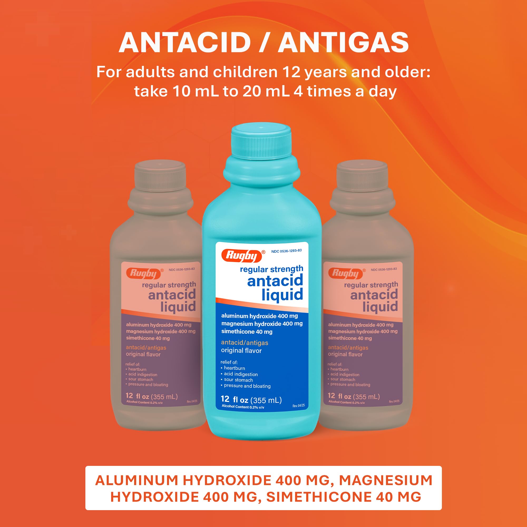 Rugby Antacido Liquido Original, medidor en ml para dosis precisa.