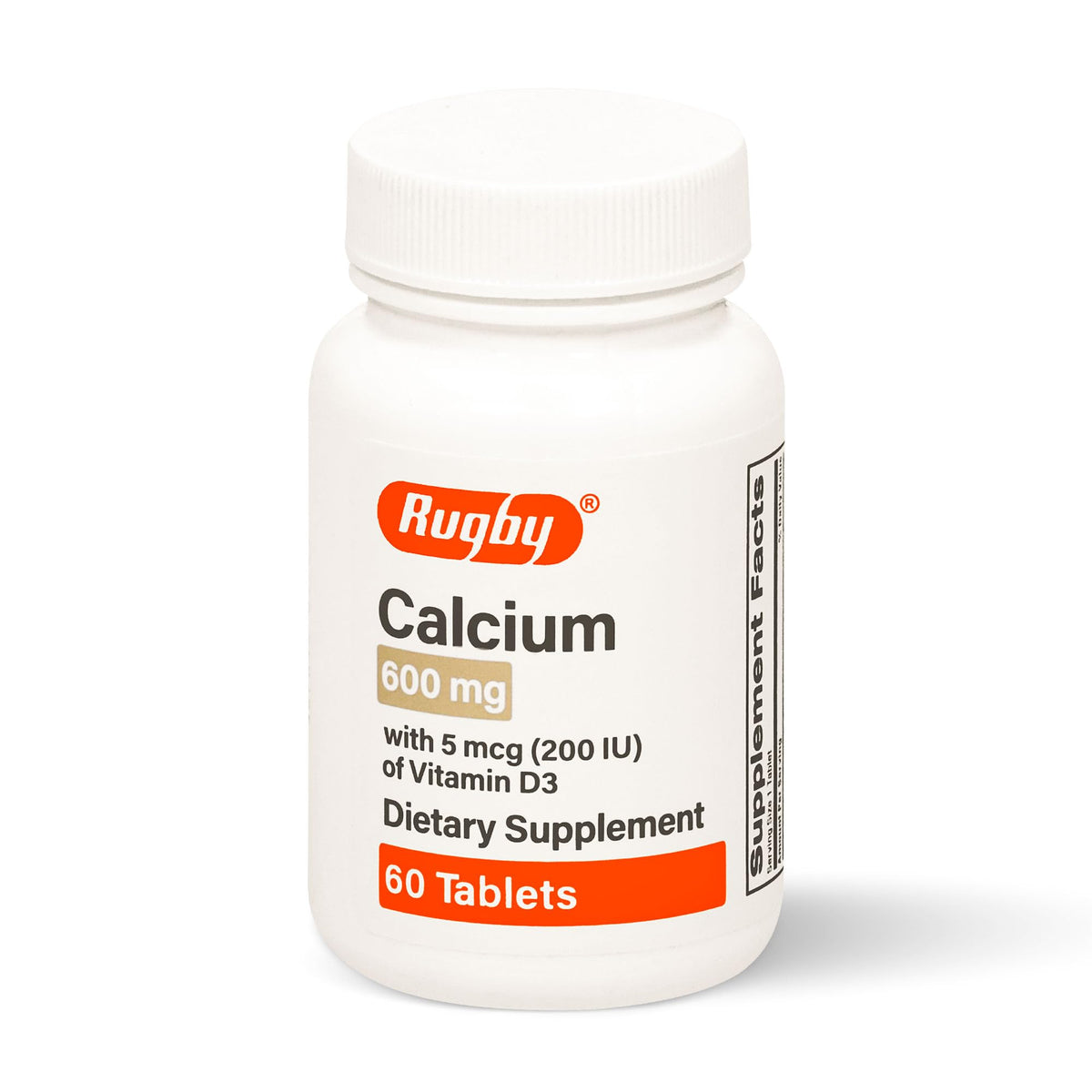 Rugby Calcium 600 mg, tabletas junto a la botella, puede apoyar la absorción de calcio.
