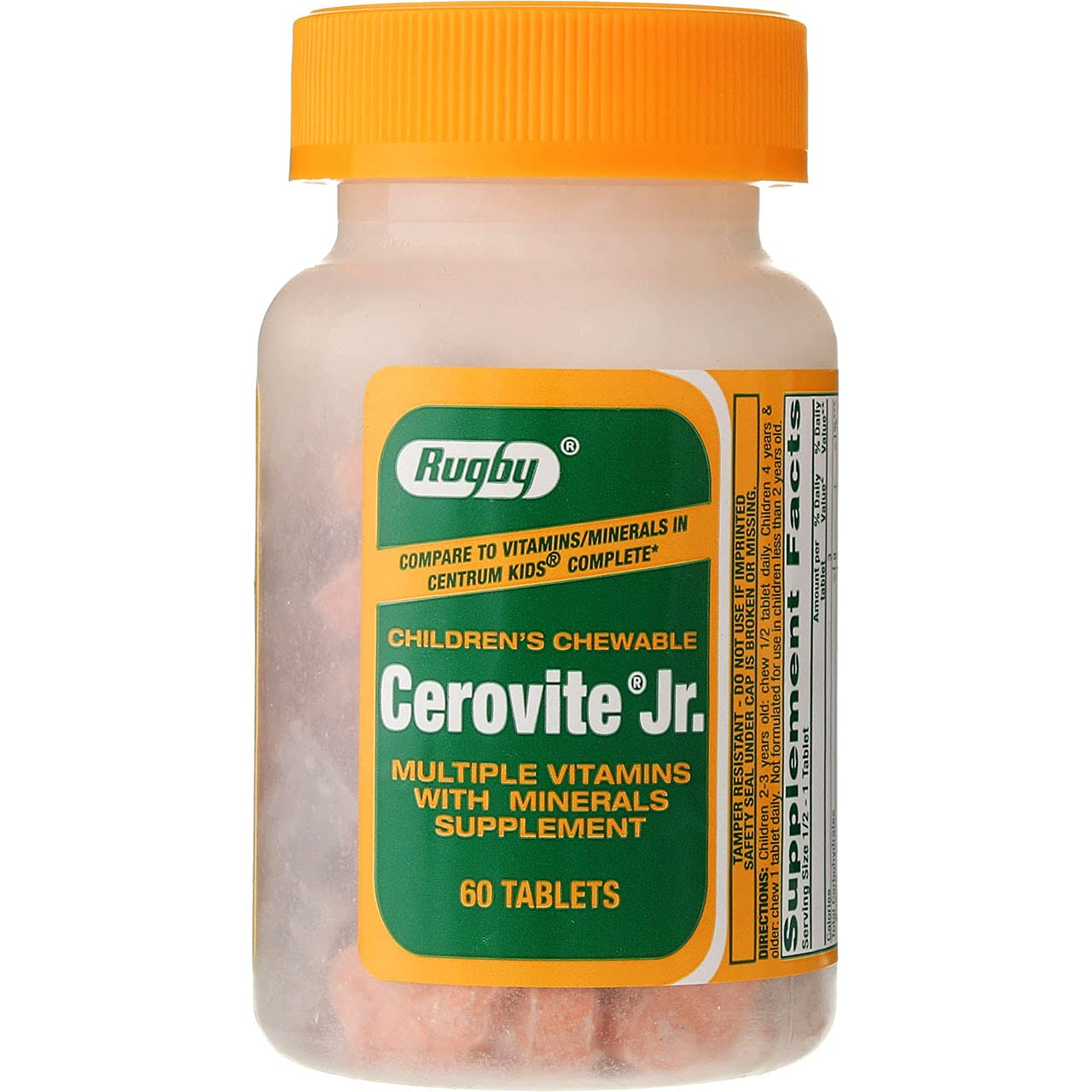 Rugby Cerovite Jr. tabletas masticables sabor frutal, apoyo diario para niños activos.