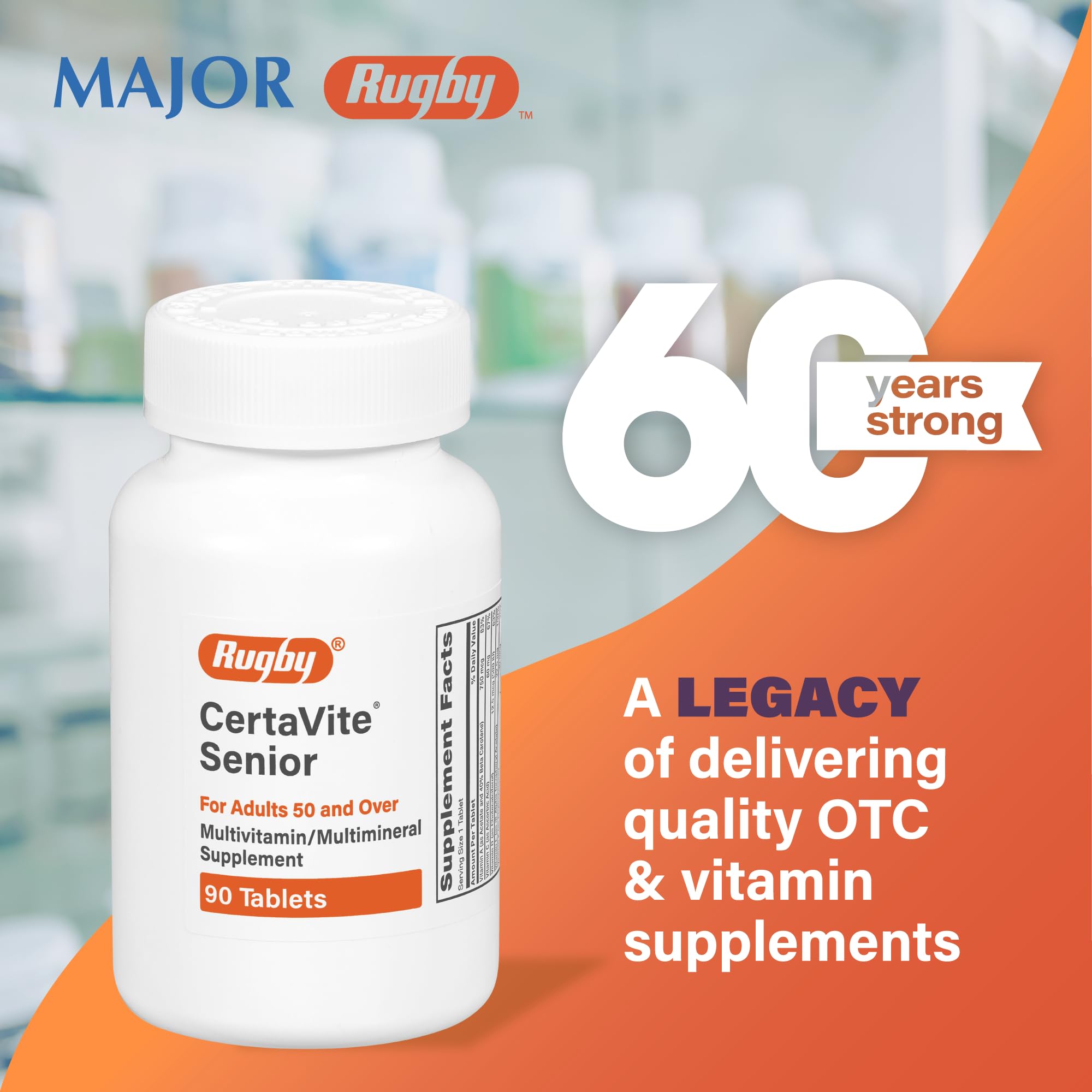Rugby CertaVite Senior, etiqueta informativa, vitaminas A, C, D, E, K para uso diario.
