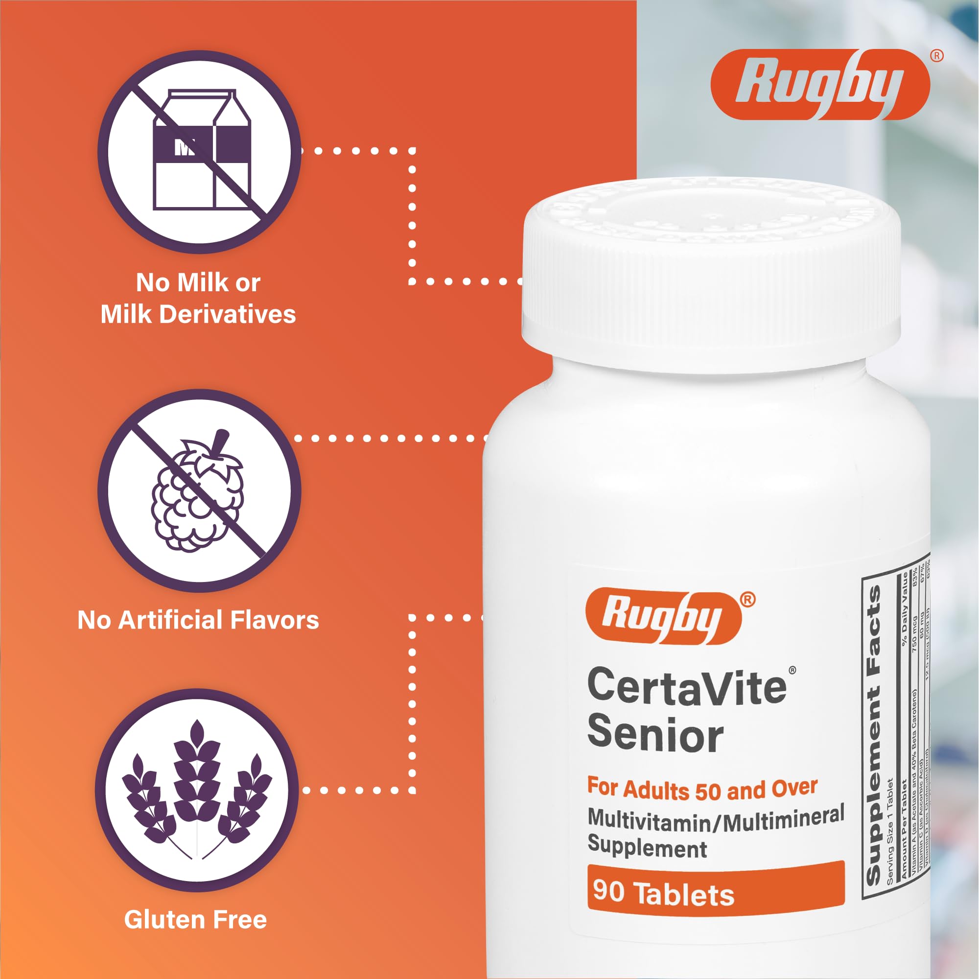 Rugby CertaVite Senior, tableta en mano, dosis diaria para adultos 50+.