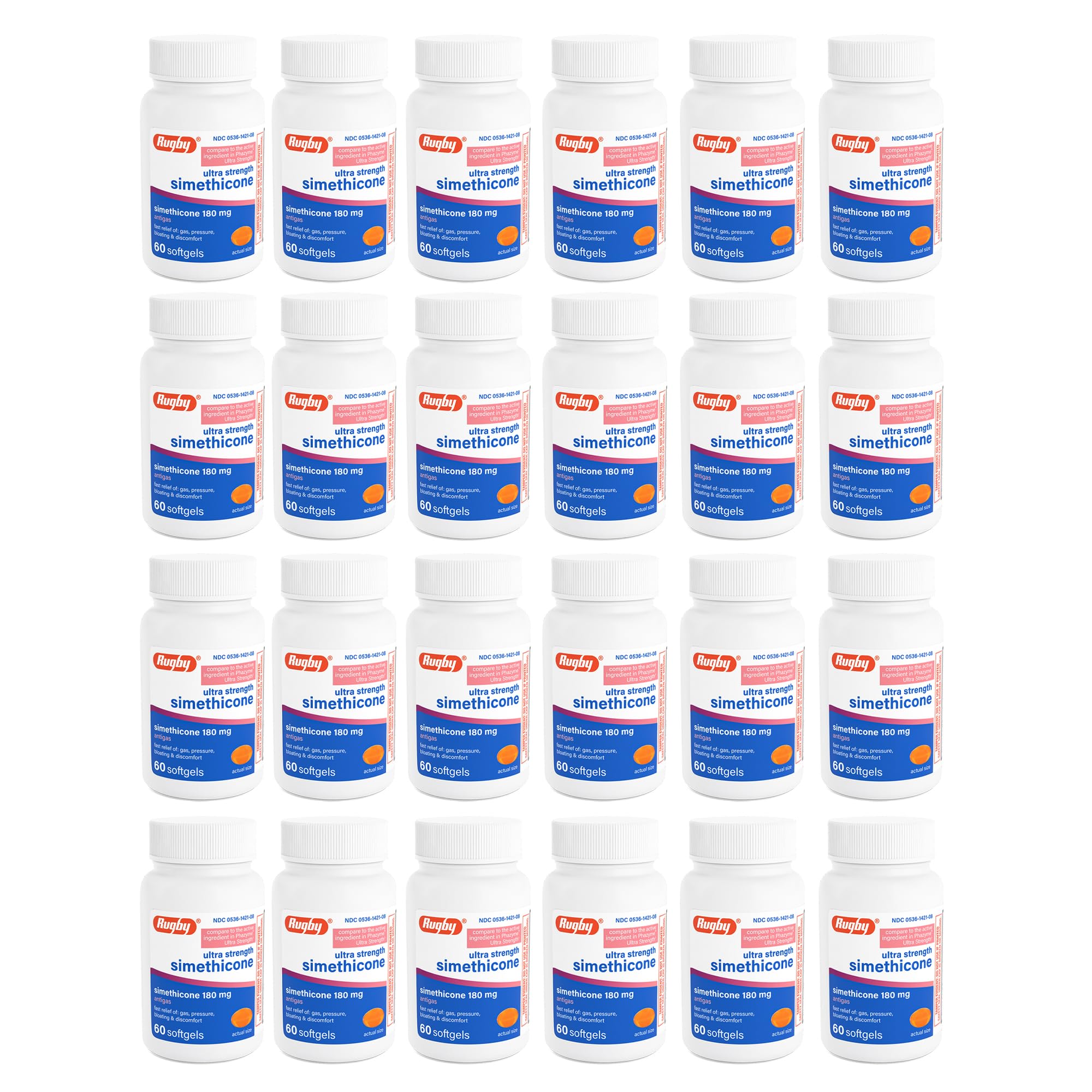 Rugby Laboratories alivia el gas con 180 mg en botella de cápsulas blandas.