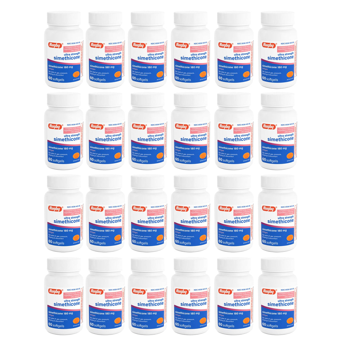 Rugby Laboratories alivia el gas con 180 mg en botella de cápsulas blandas.