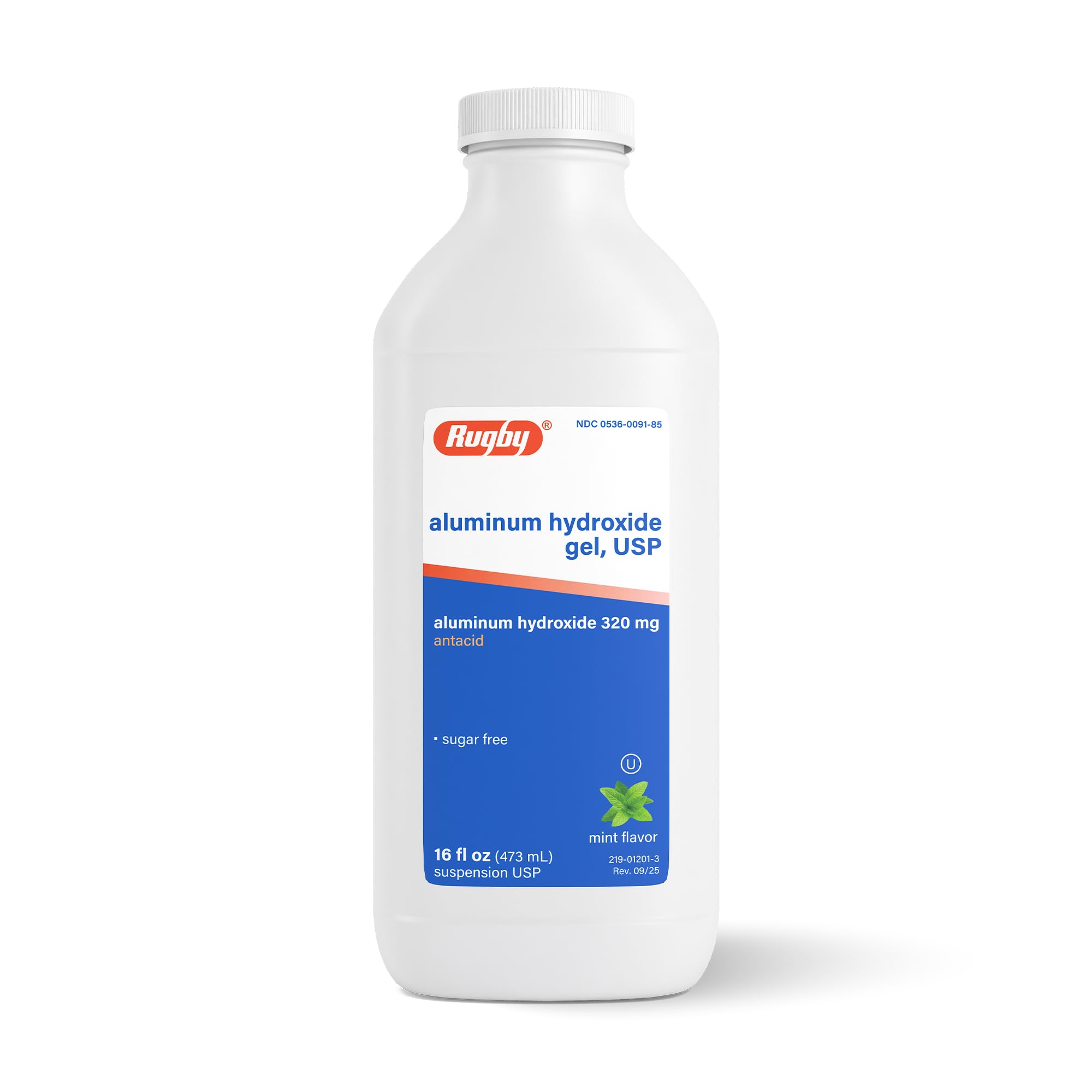 Rugby Laboratories antacido liquido aluminio hidroxido, frasco visible para aliviar molestias ocasionales de estomago