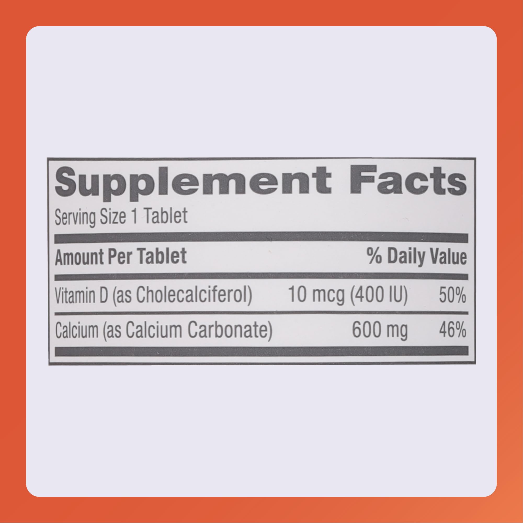 Rugby Laboratories calcio 600 mg con vitamina D3, etiqueta nutricional clara