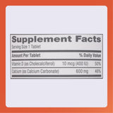 Rugby Laboratories calcio 600 mg con vitamina D3, etiqueta nutricional clara