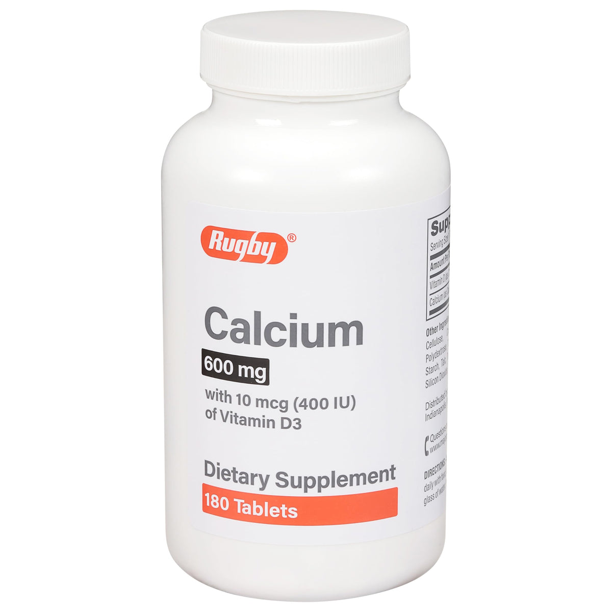 Rugby Laboratories calcio 600 mg con vitamina D3 frente de la botella para uso diario