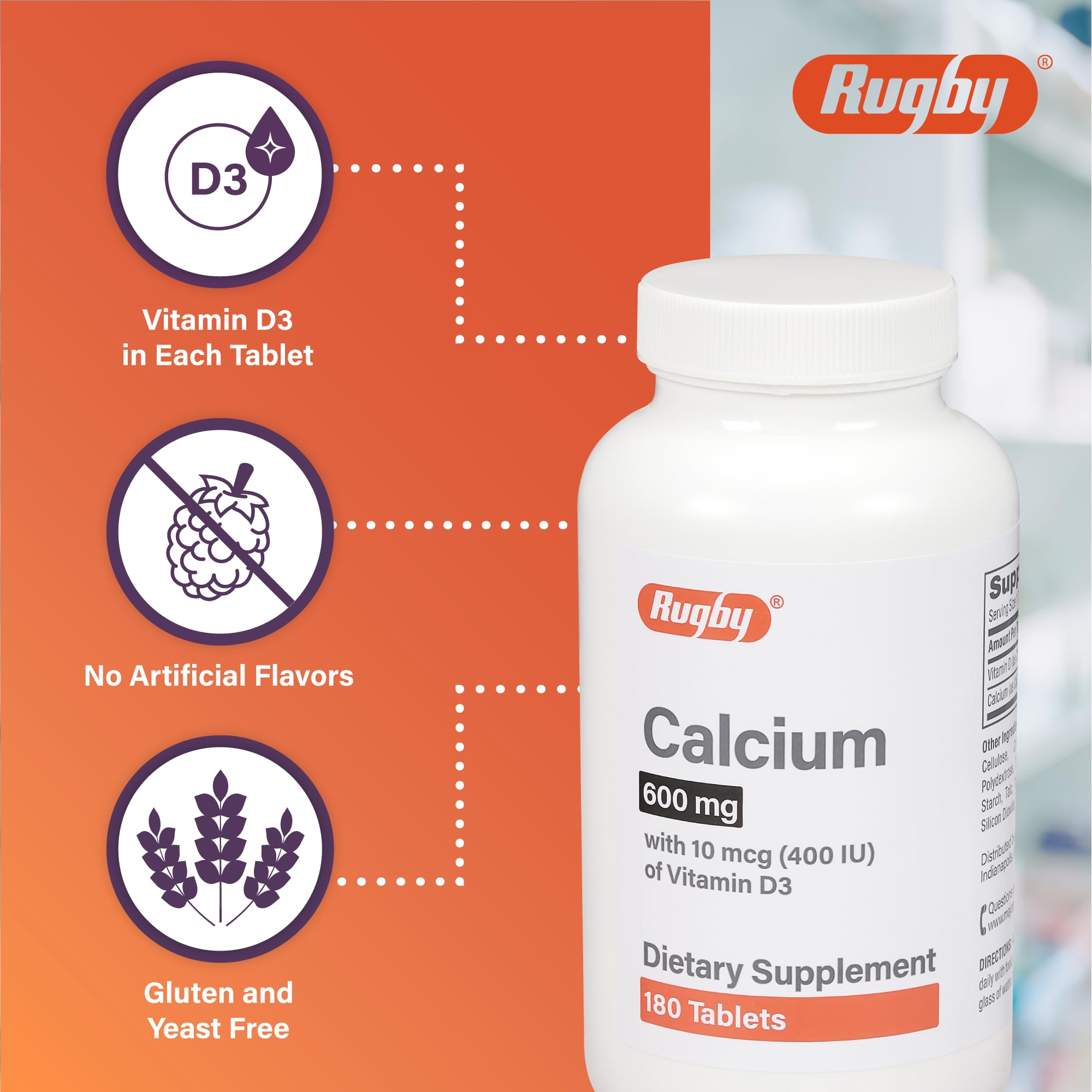 Rugby Laboratories calcio 600 mg con vitamina D3, tomando con agua
