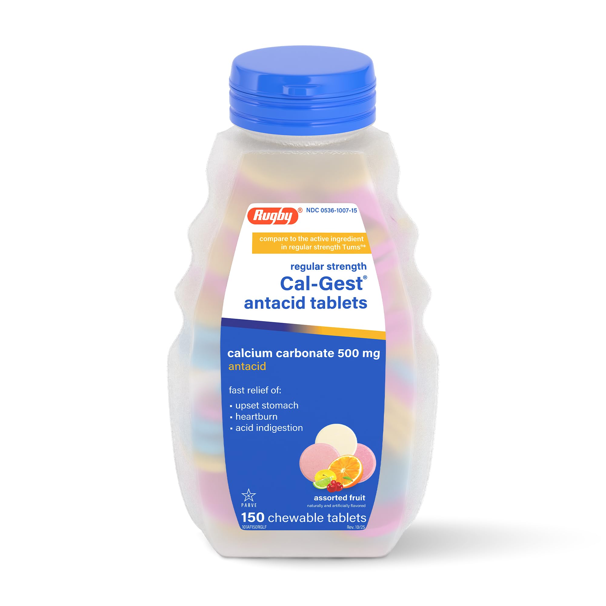 Rugby Laboratories Calcium Cal-Gest, tabletas en bote para molestias estomacales ocasionales.