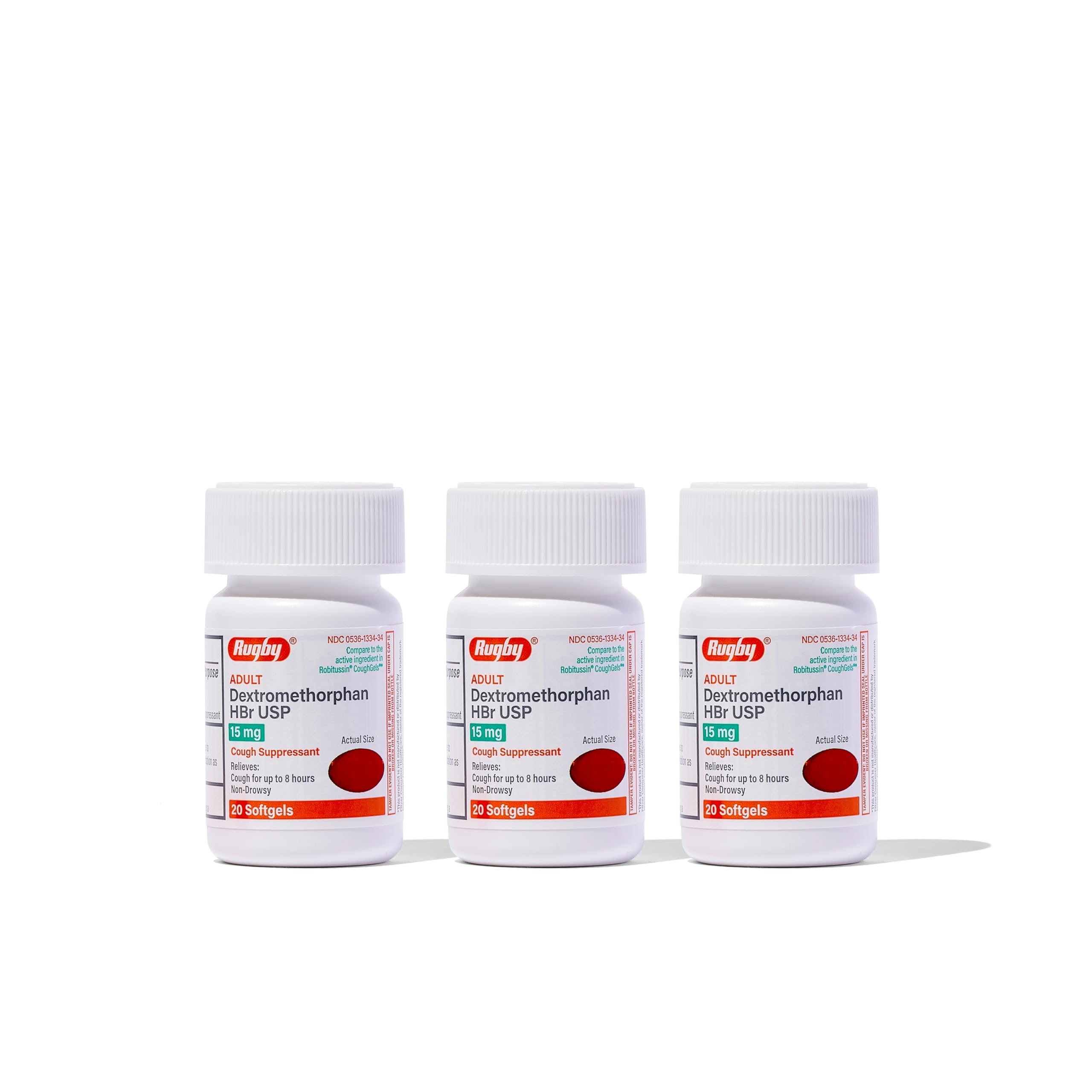 Rugby Laboratorios Dextrometorfano HBr 15 mg, botella frontal, alivio suave de la tos