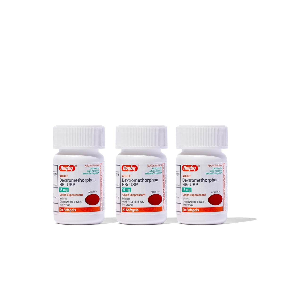 Rugby Laboratorios Dextrometorfano HBr 15 mg, botella frontal, alivio suave de la tos