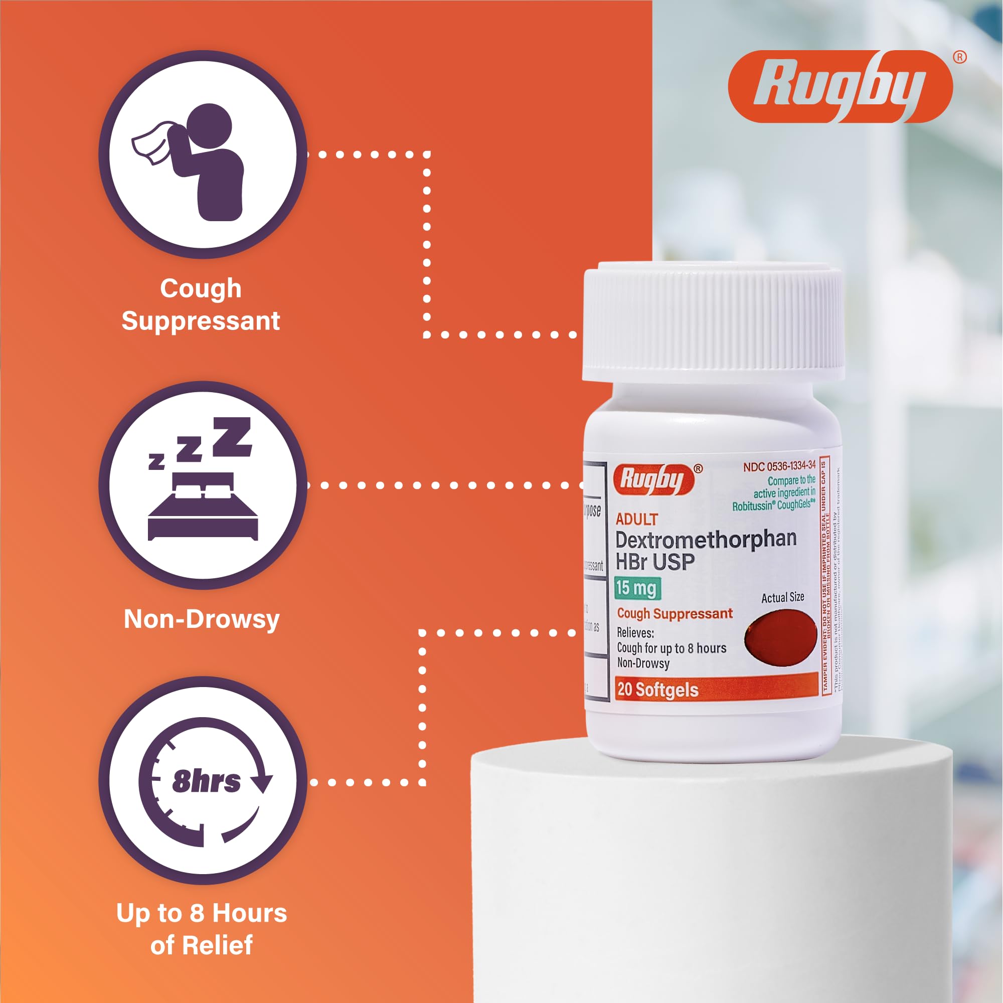 Rugby Laboratorios Dextrometorfano HBr 15 mg, cápsula suave, detalle de textura y uso