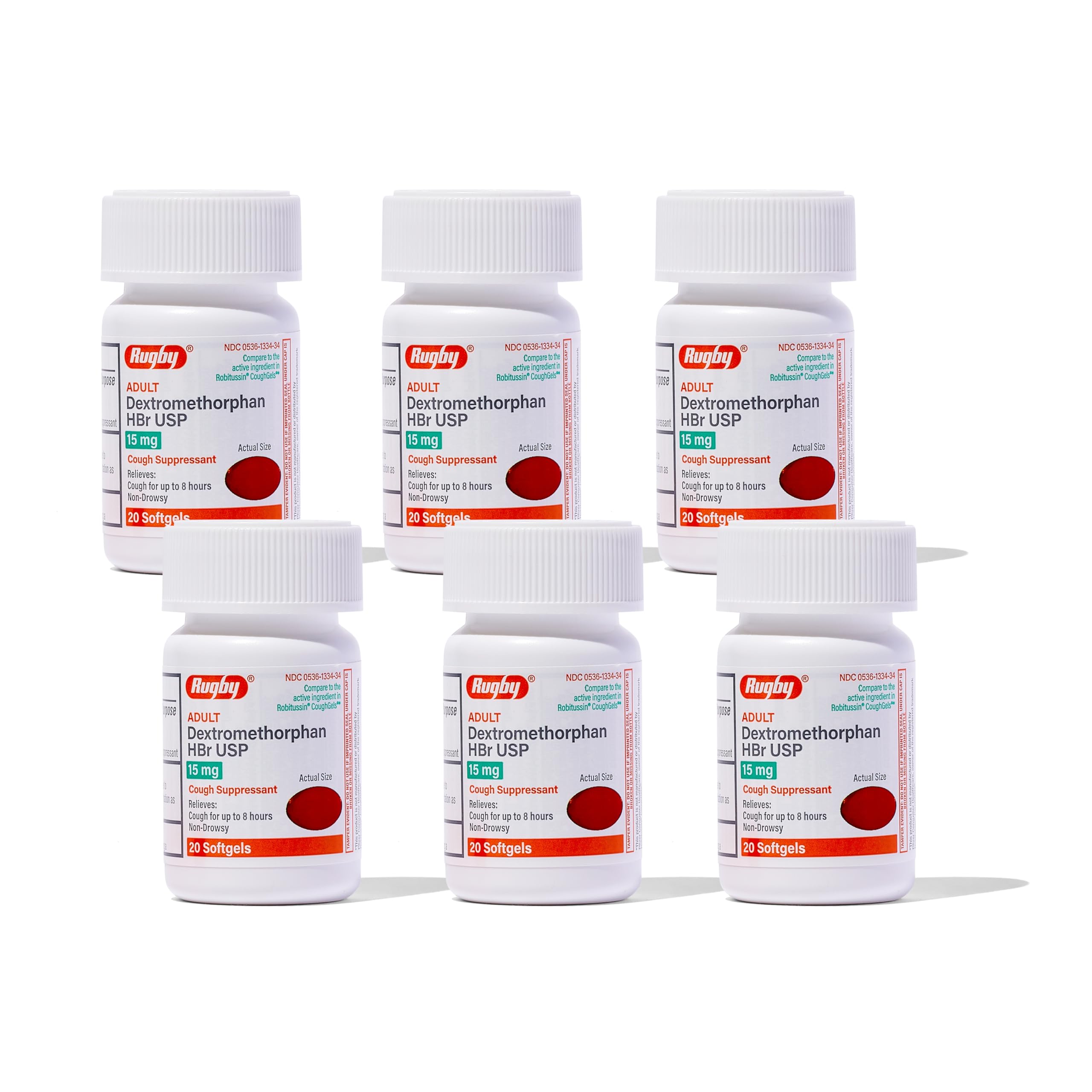 Rugby Laboratorios Dextrometorfano HBr USP 15 mg cápsula blanda para alivio de tos.