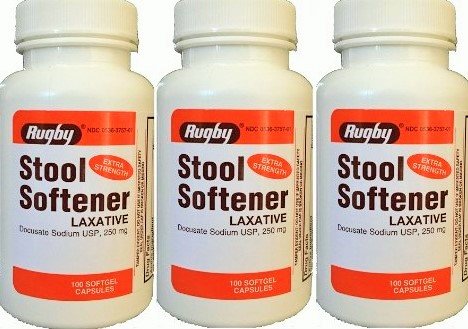 Rugby Laboratories Docusato de sodio 250 mg, botella frontal, alivio suave para estreñimiento ocasional.