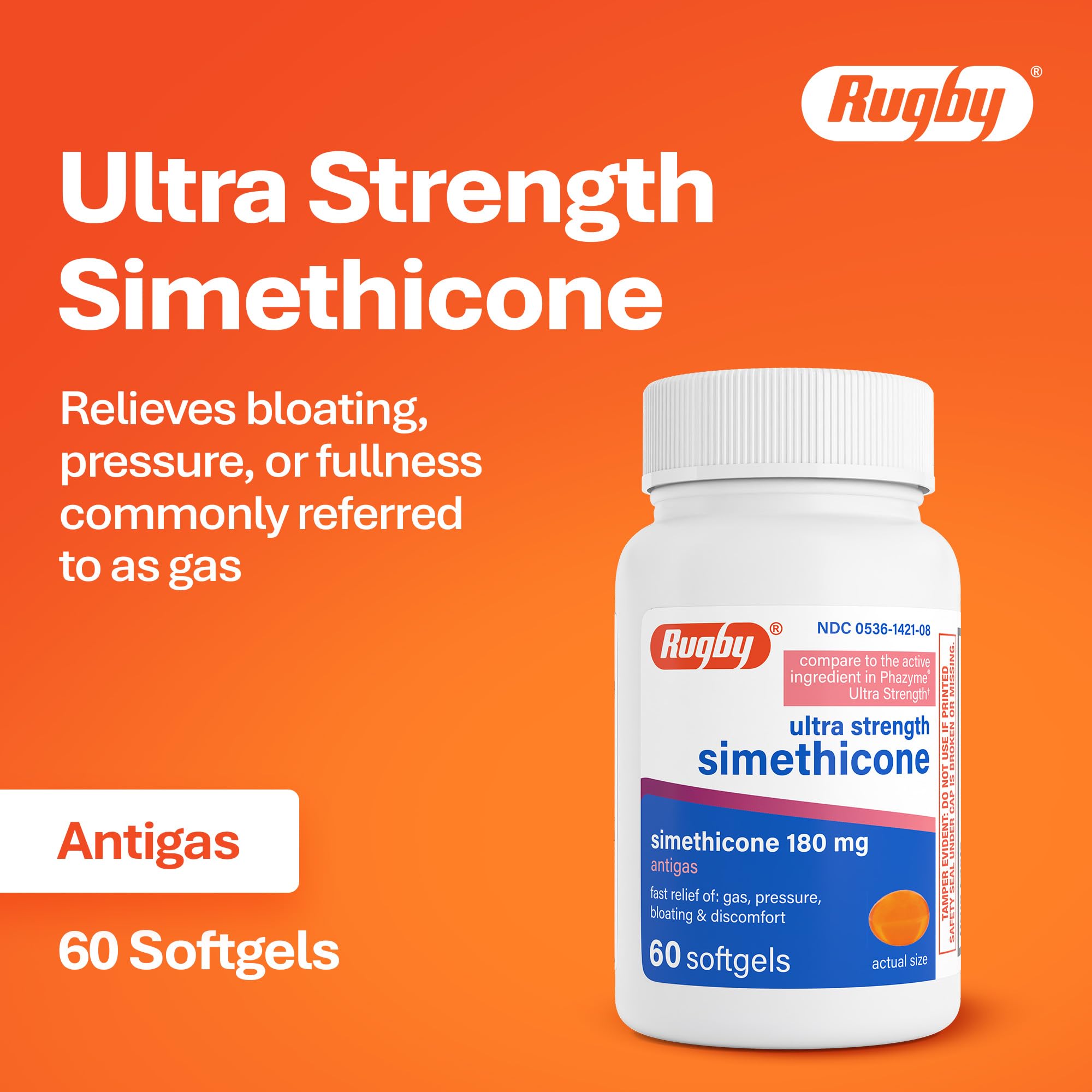 RUGBY LABORATORIES, dosis 180 mg de simeticona para mayor confort estomacal.