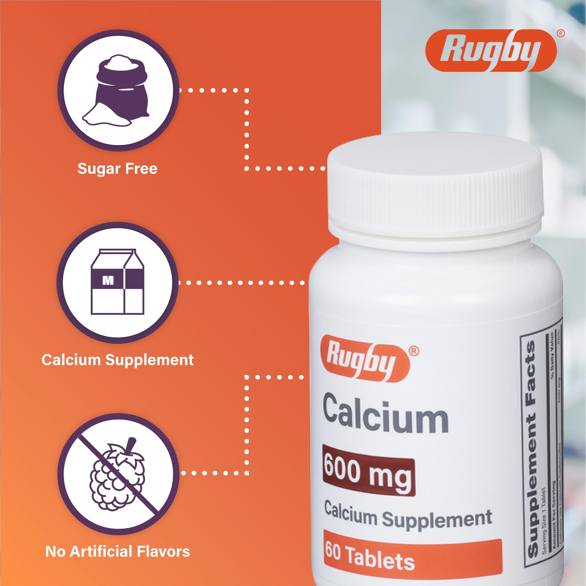 Rugby Laboratories empaque dos paquetes calcio 600 mg, opción práctica