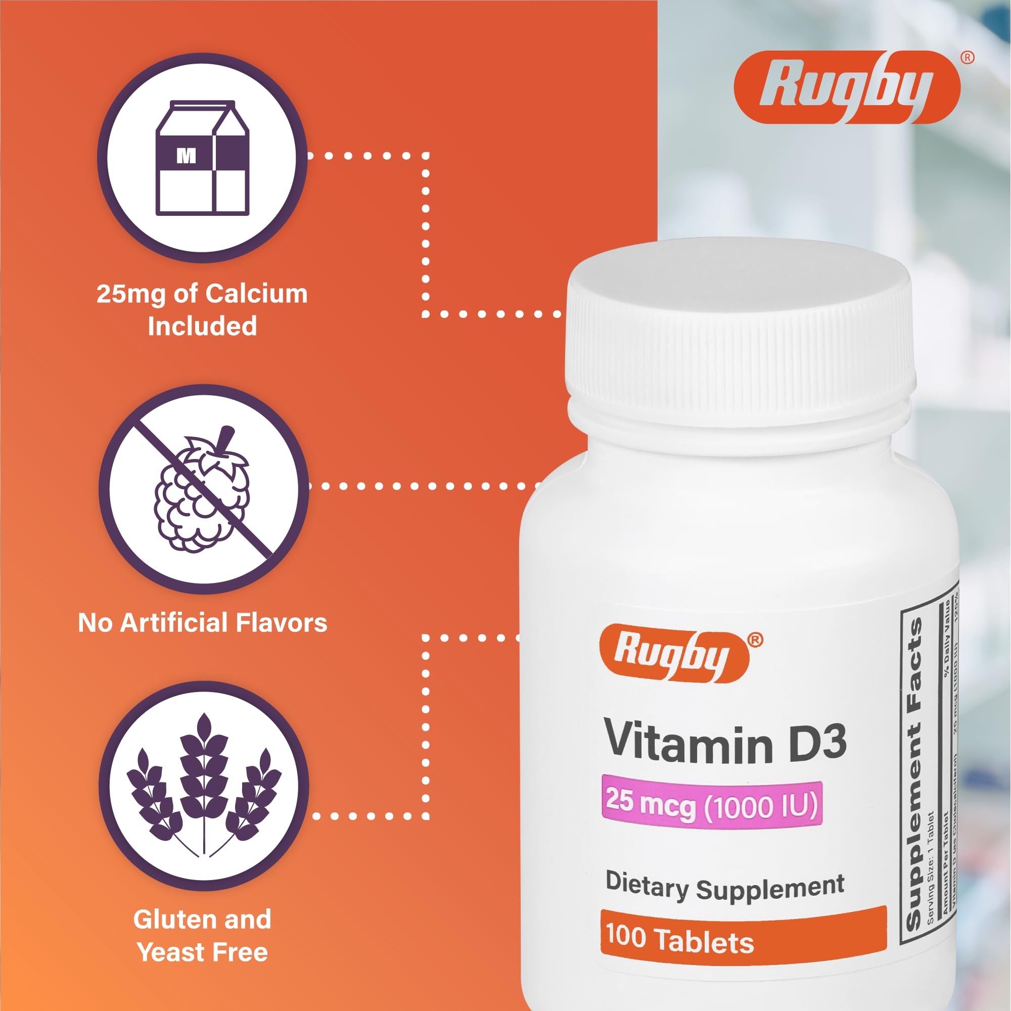 RUGBY LABORATORIES Etiqueta de Vitamina D3 con información clara para compra