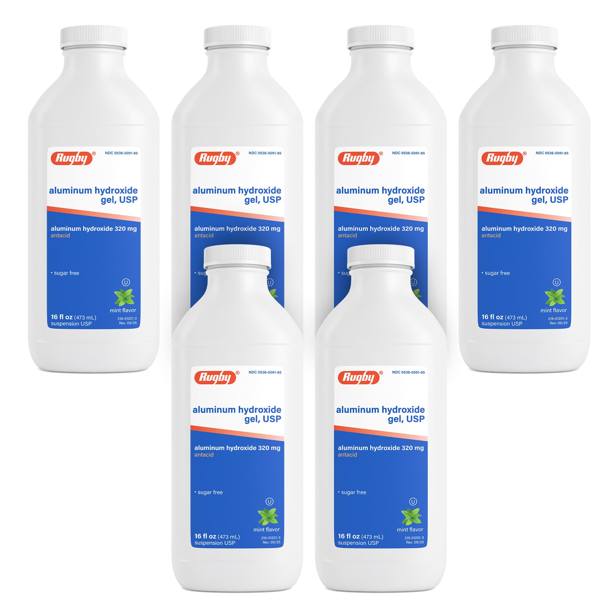 Rugby Laboratories gel de aluminio hidróxido mentolado vertido en botella para alivio suave.