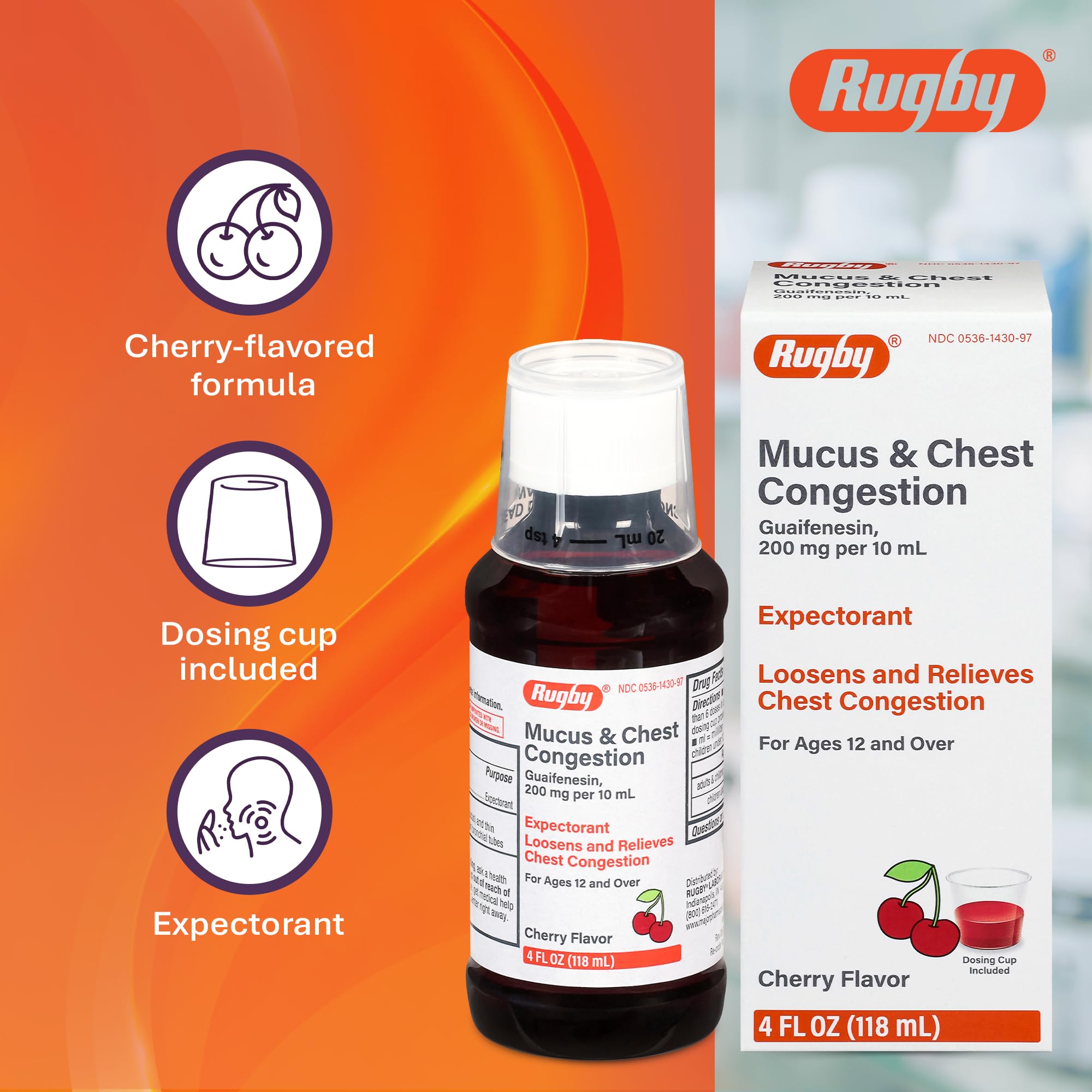 Jarabe Rugby, ingrediente guaifenesina, posible apoyo para expulsar mucosidad.