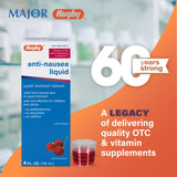 Rugby Laboratories líquido anti náuseas mostrando la dosis de 15–30 ml para adultos