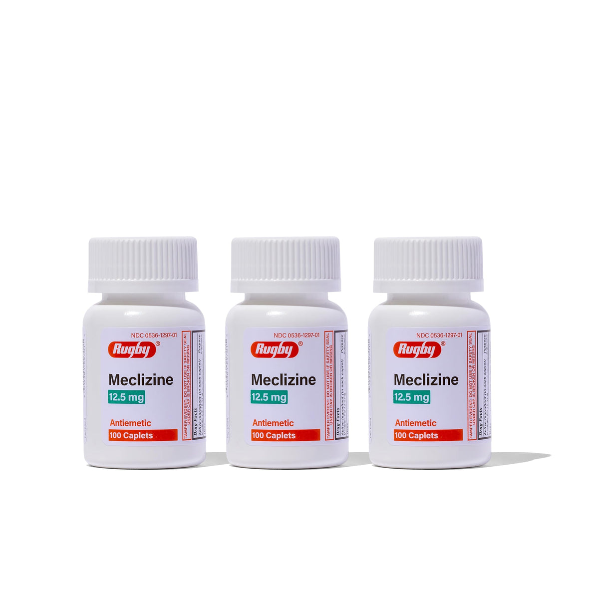 Rugby Laboratories Meclizina 12.5 mg caplets, empaque, ideal para viajes y uso diario