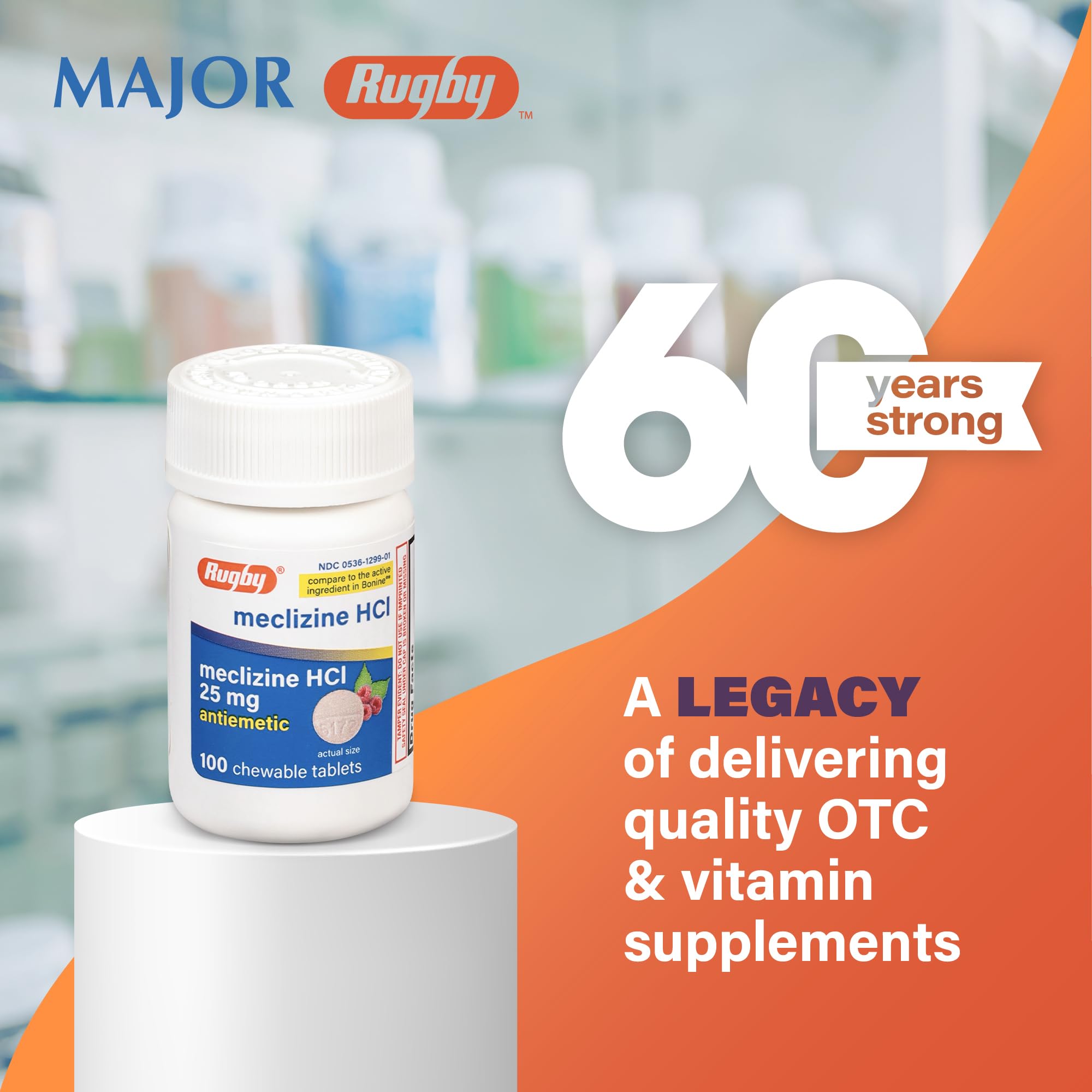 Rugby Laboratories meclizina 25 mg, frente del paquete para kit de viaje