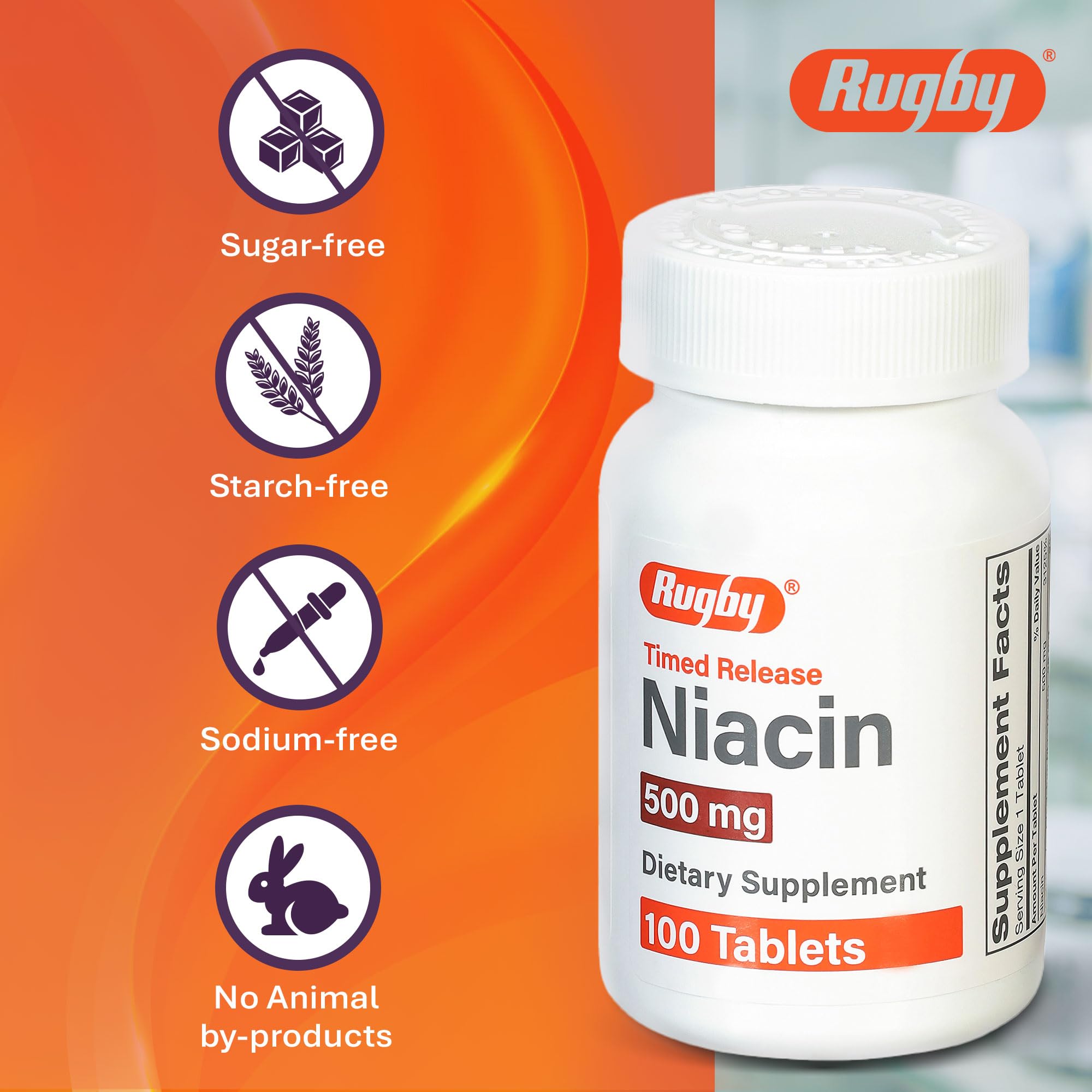 Rugby Niacina liberación cronometrada, cápsulas, posible apoyo al equilibrio nutricional.