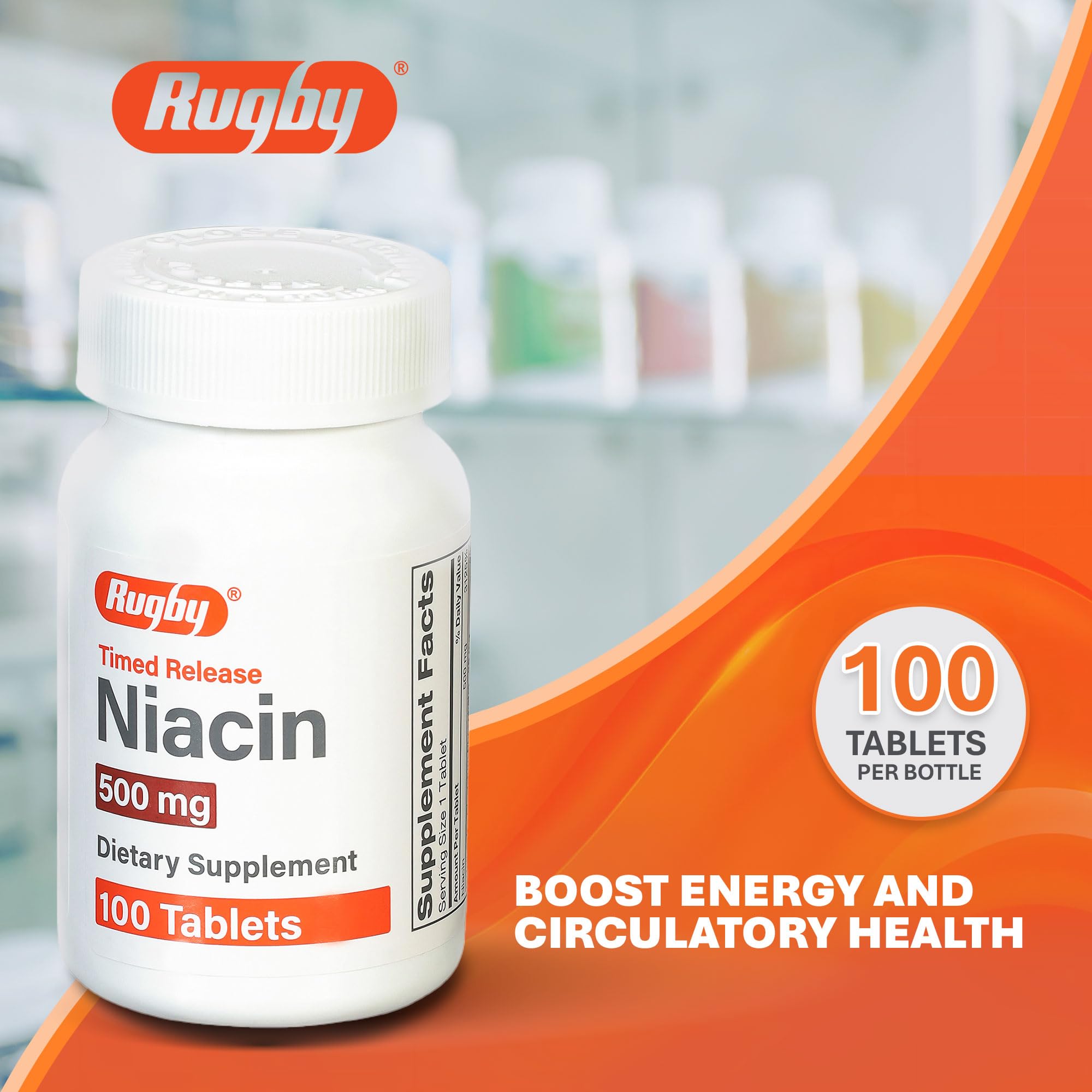 Rugby Niacina 500 mg, cápsulas, liberación cronometrada para absorción estable.