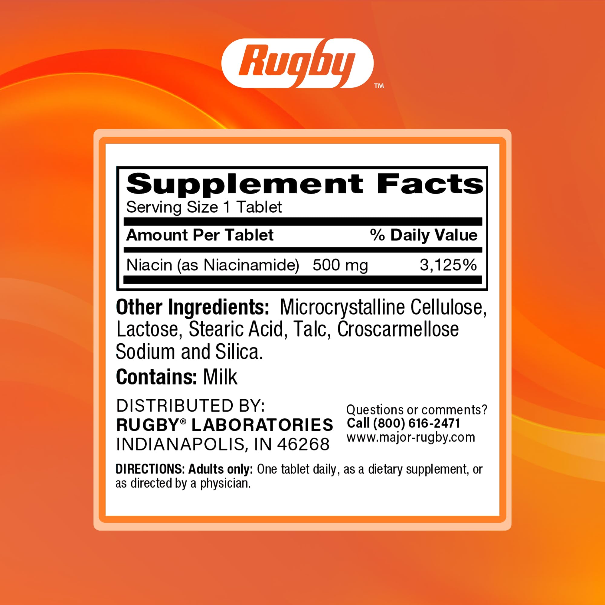 Rugby Laboratories Niacinamida 500 mg, frasco de calidad certificado.