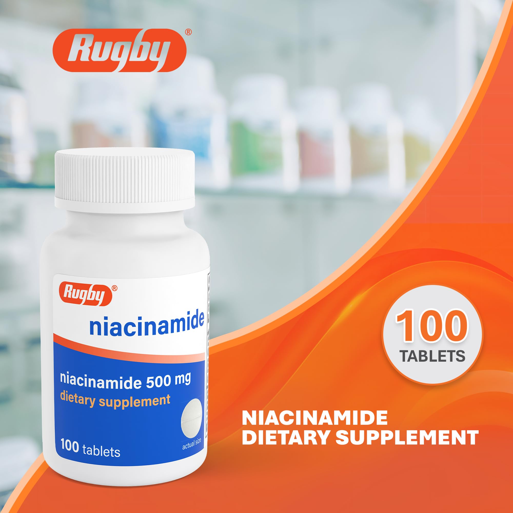 Rugby Laboratories Niacinamida 500 mg, etiqueta legible, información de calidad sin gluten.