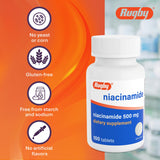 Rugby Laboratories Niacinamida 500 mg, icono sin gluten, etiqueta limpia y clara.