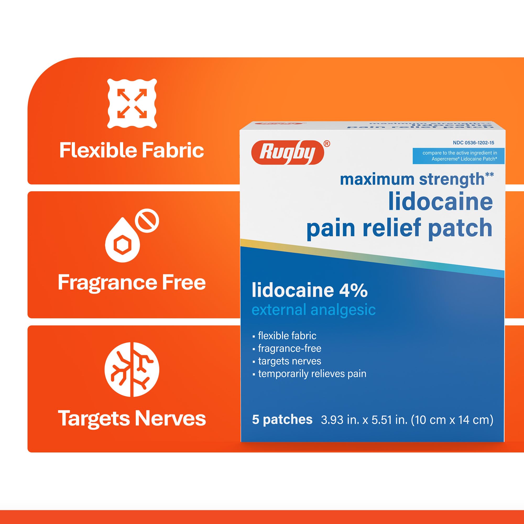 Aplicación fácil con parche Rugby Laboratories lidocaina 4%