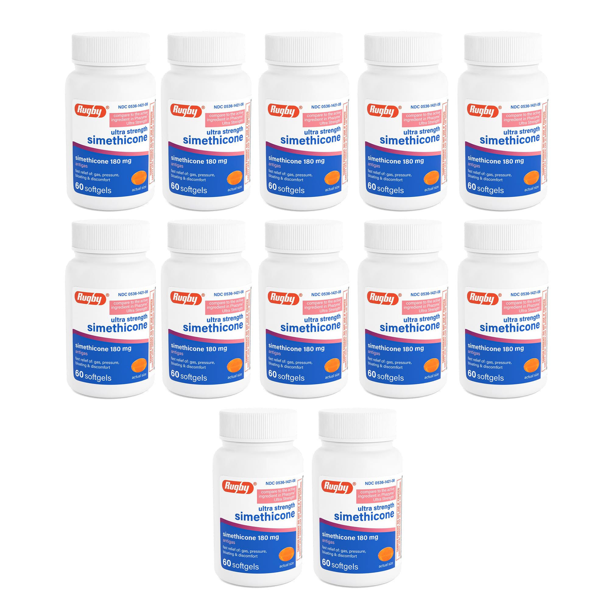 Rugby Laboratories simeticona 180 mg, envase, posible alivio de gases tras comidas.