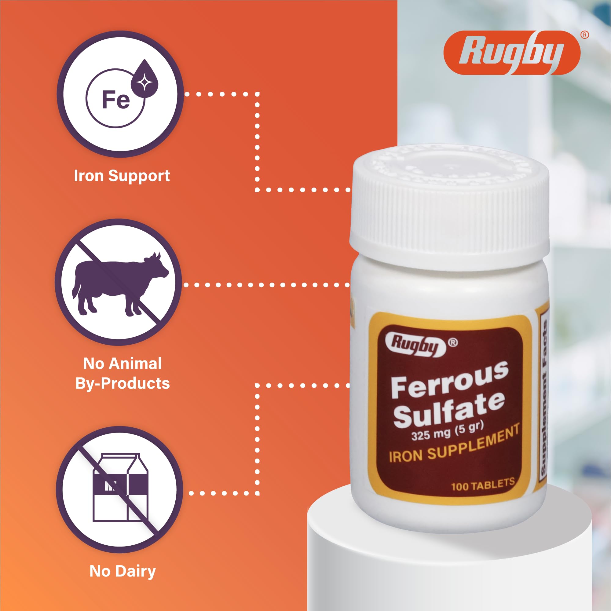 Rugby Laboratories tabletas ferrosas 325 mg, etiqueta visible del frasco, control de dosificación.