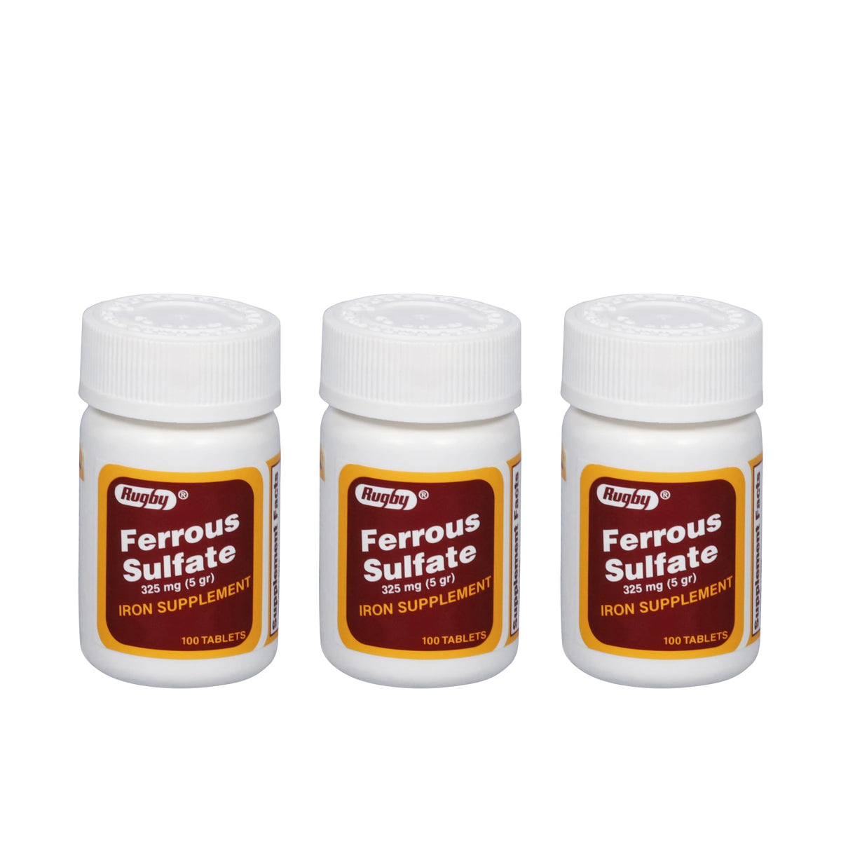 Rugby Laboratories tabletas ferrosas 325 mg, frente del envase, uso diario.