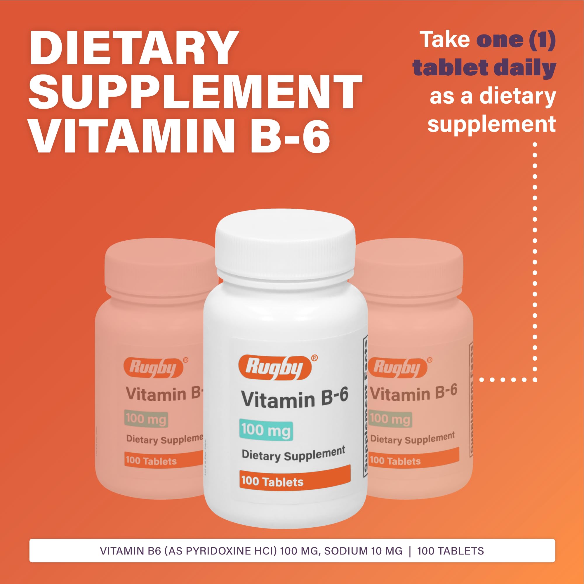 Rugby Laboratories tabletas vitamina B6, piridoxina HCl para absorción eficiente.