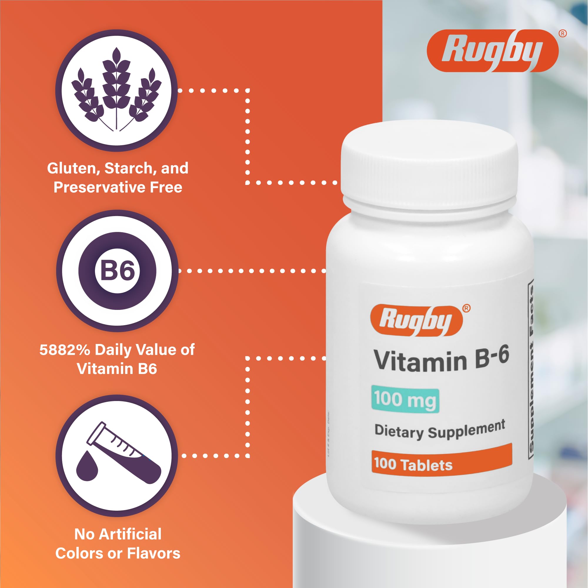 Rugby Laboratories tableta vitamina B6 para uso diario y energía.
