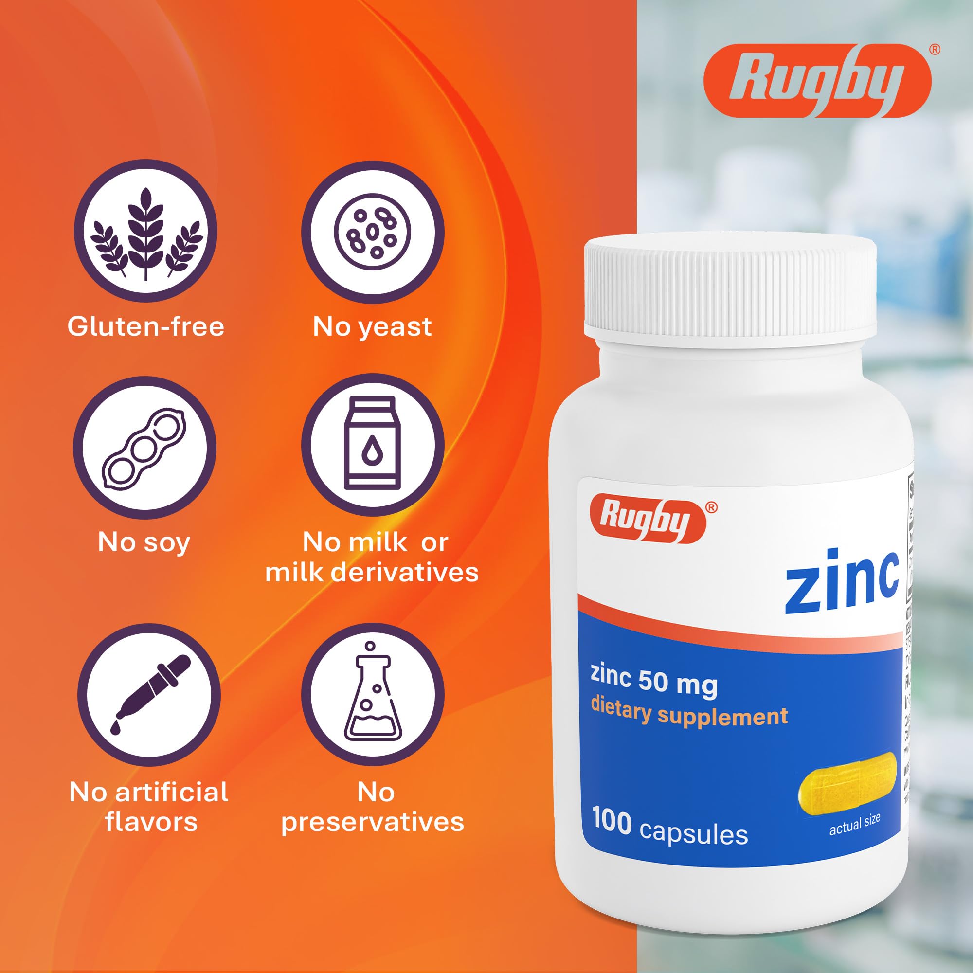 Rugby Laboratories Zinc 50mg – cápsulas de tamaño cómodo para tragar.
