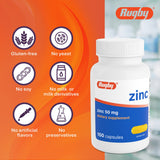 Rugby Laboratories Zinc 50mg – cápsulas de tamaño cómodo para tragar.