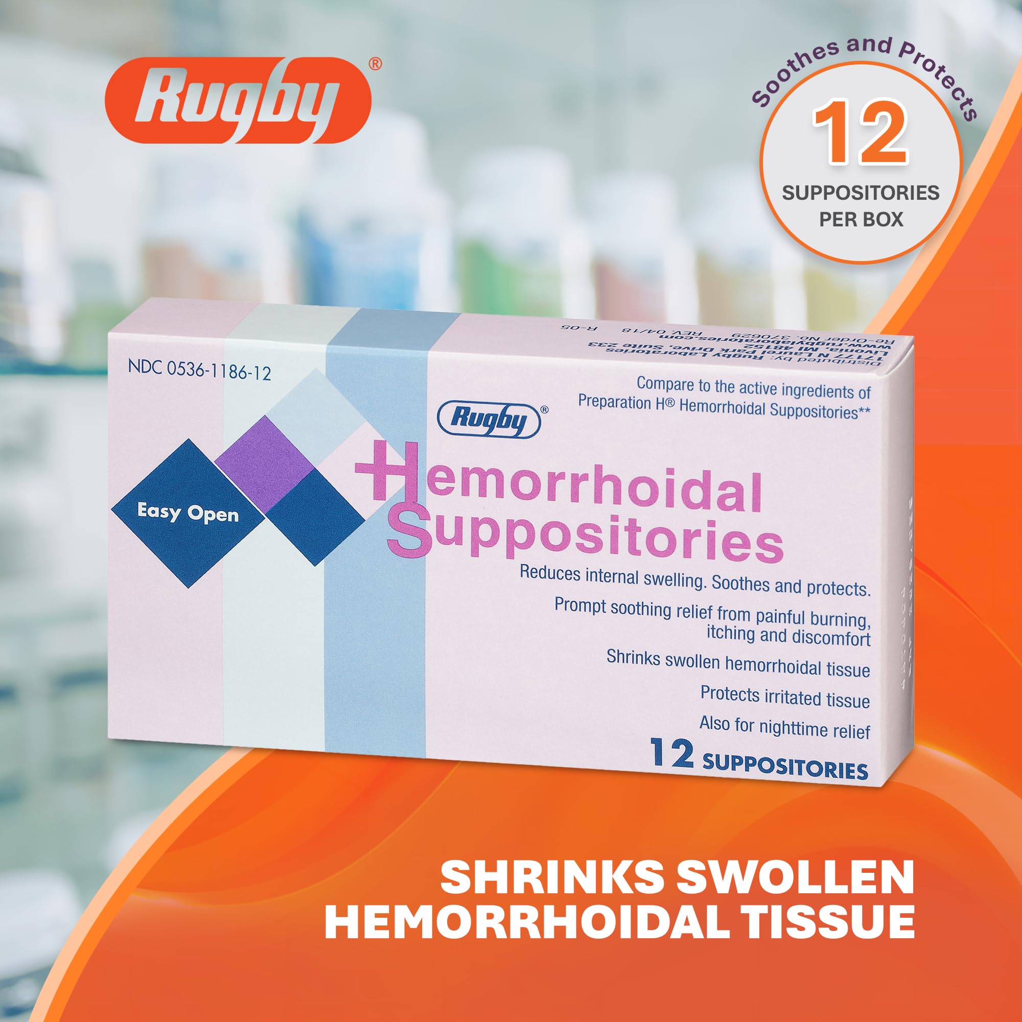 Rugby Laboratorios supositorios hemorroidales, apertura fácil para aplicación rápida y limpia.