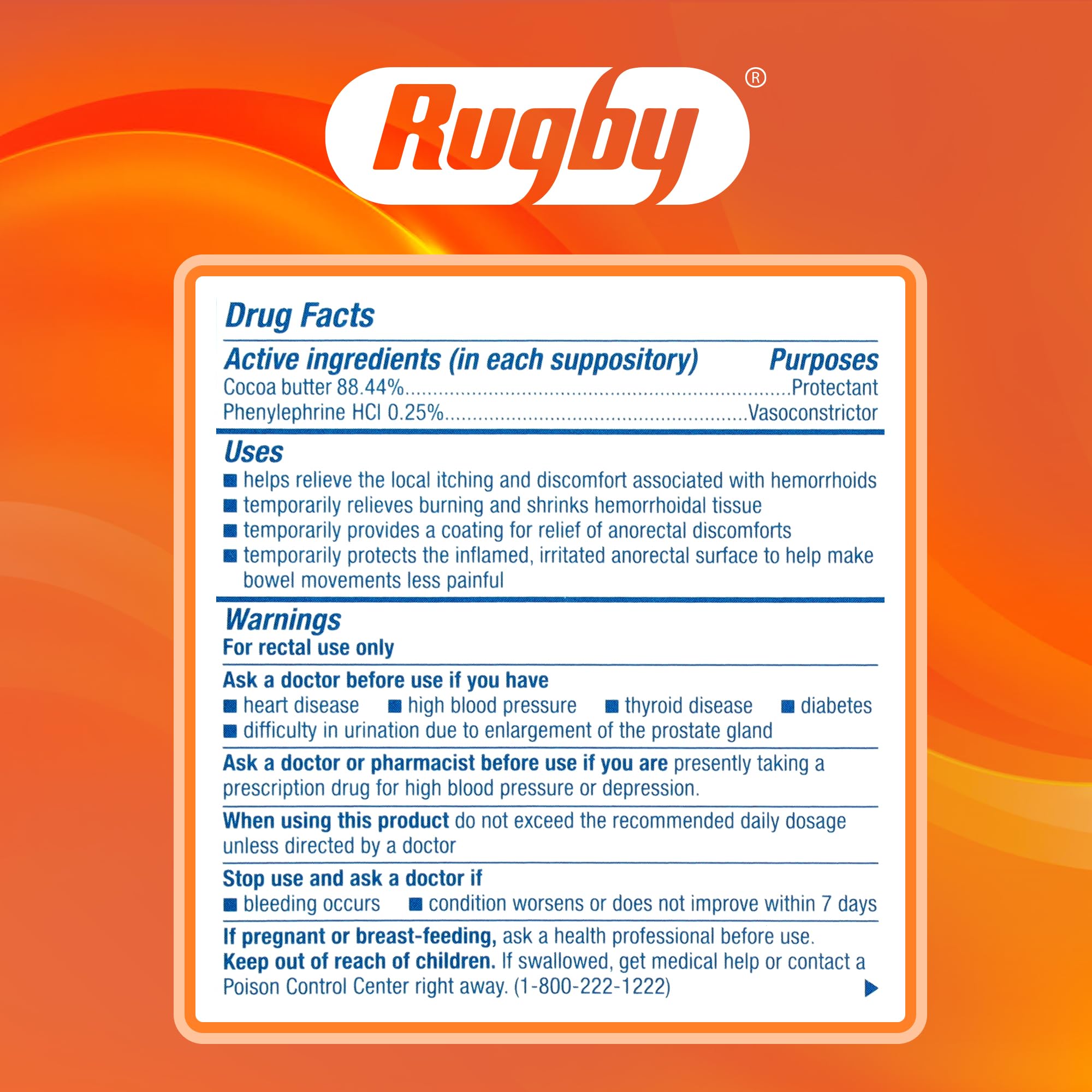 Rugby Laboratorios supositorios hemorroidales, envoltorio de aluminio sellado para higiene.