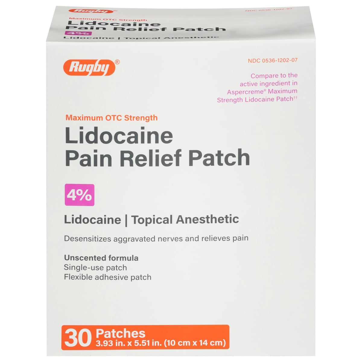 Parche de lidocaína Rugby sin aroma para alivio localizado del dolor.