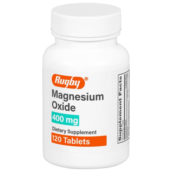 RUGBY LABORATORIES Magnesio Óxido 400 mg, frente del envase, apoyo diario