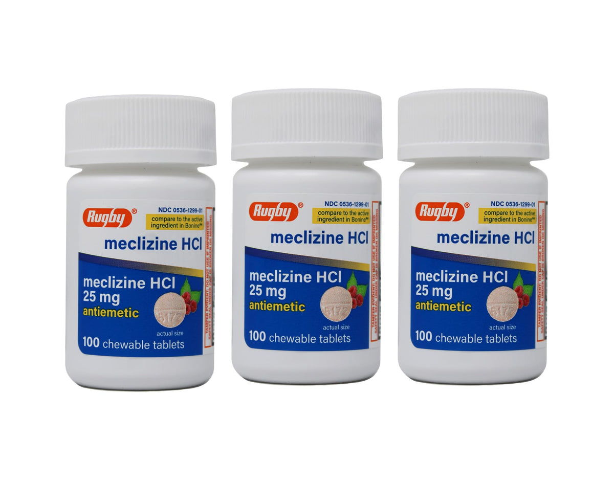 Rugby Meclizina 25 mg, botella con 100 tabletas masticables, ideal para viajar.