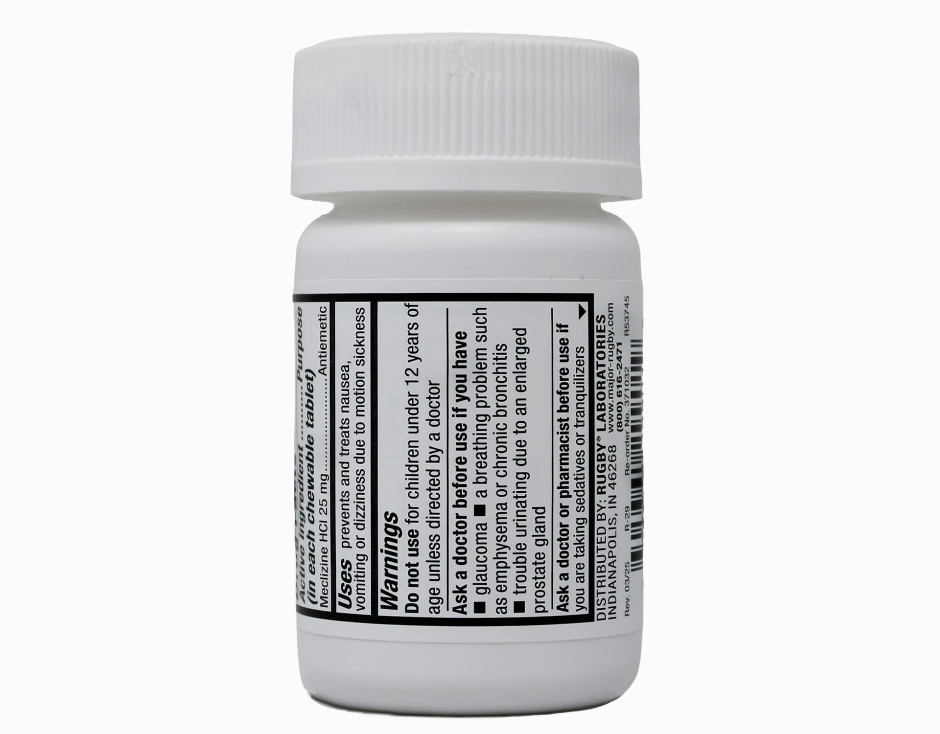 Etiqueta del Rugby Meclizina 25 mg con instrucciones claras para uso seguro.