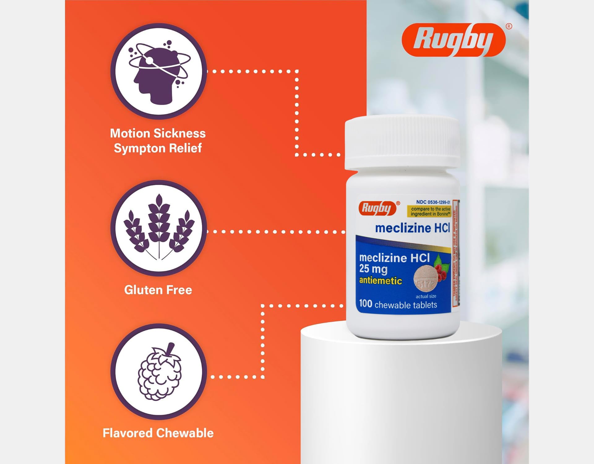 Frasco Rugby Meclizina 25 mg con 100 tabletas para mayor duración.