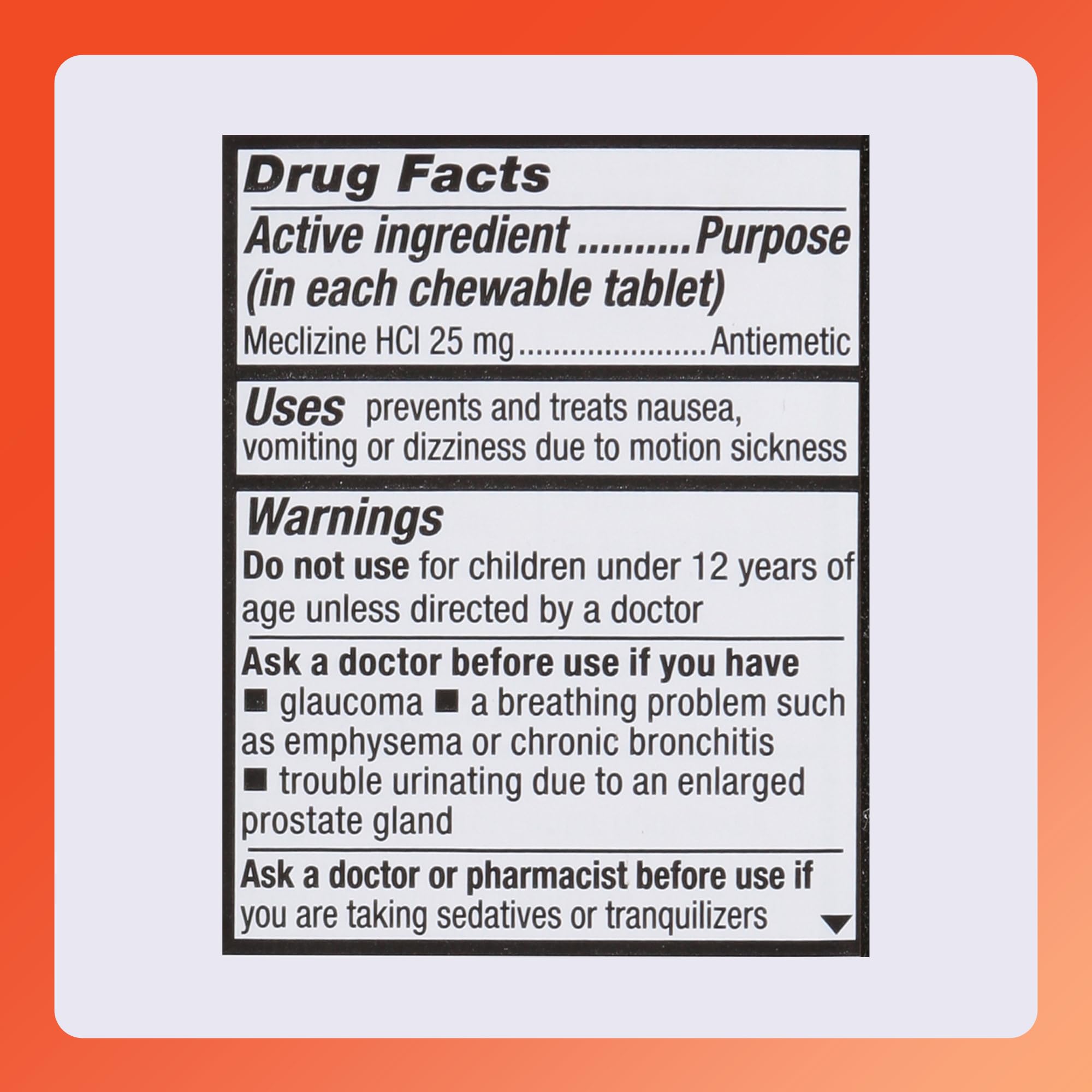 Rugby Meclizine 25 mg, útil para mareo en coche y largos trayectos.