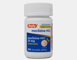 Rugby Meclizina 25 mg, tabletas masticables para uso diario contra náuseas por movimiento.