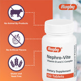 Rugby Nephro-Vite: etiqueta de la botella destaca vitaminas B y C.