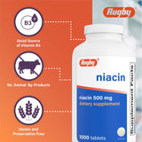 Rugby Niacin 500mg: etiqueta clara, información de uso.